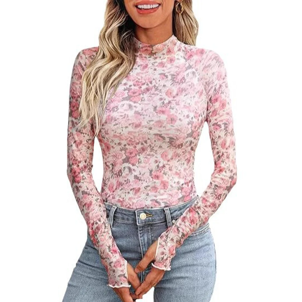 Women Floral Print Long Sleeve Slim Fit T Shirt Summer