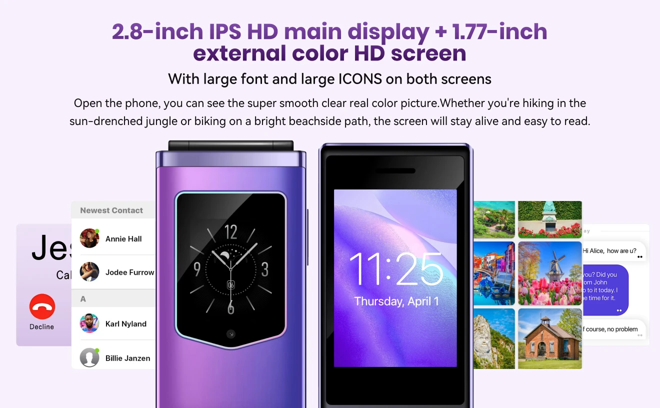 HAMTOD T8 Flip Phone 2.8 inch Inner Screen 128MB ROM+ 48MB RAM 1500mAh Battery 0.3MP Rear Camera 4G VoLTE Cellphone