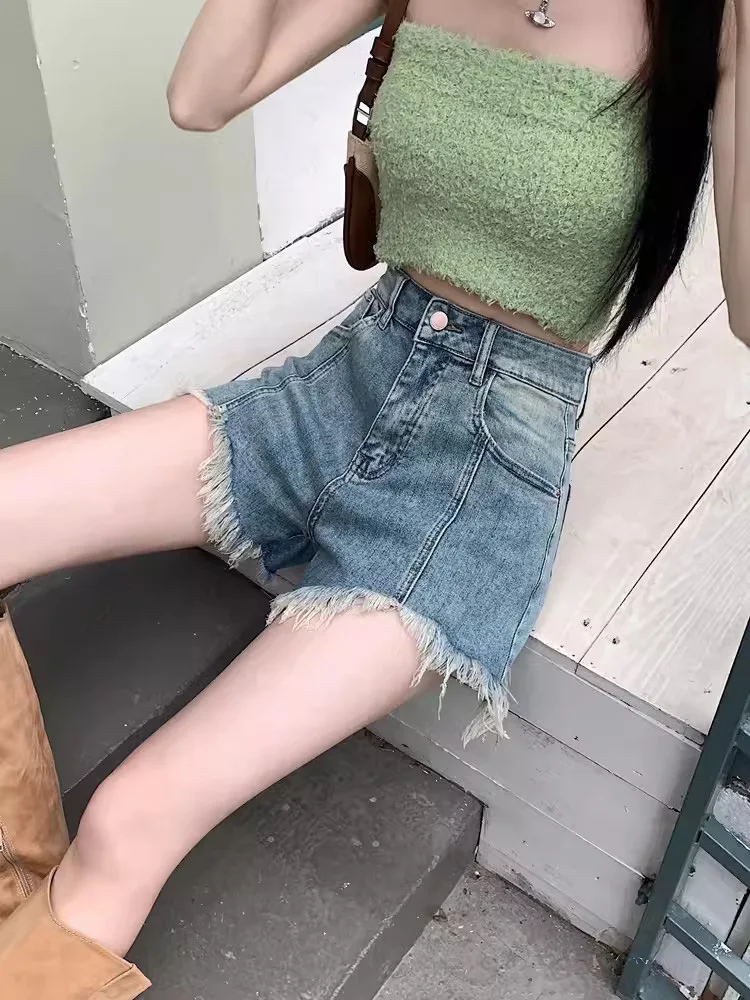 New Women Summer Plus Size Denim Shorts Fashion High Waist A-Line Tassel Shorts Simplicity Casual Hottie Jeans Shorts