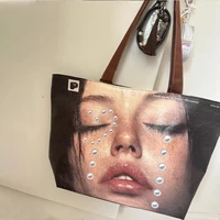 PVC Kraft Paper Shoulder Bag,Portrait Print Women Tote Bag,Large Top-Handle Handbag,Waterproof Shopping Pouch,Student Schoolbag
