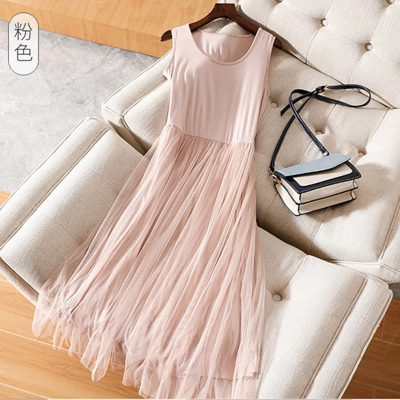 

2023 New Summer Modal Cotton Lace Patchwork Spaghetti Strap Dress Women Sexy Sleeveless Mesh White Black Soft Female Tank Dress