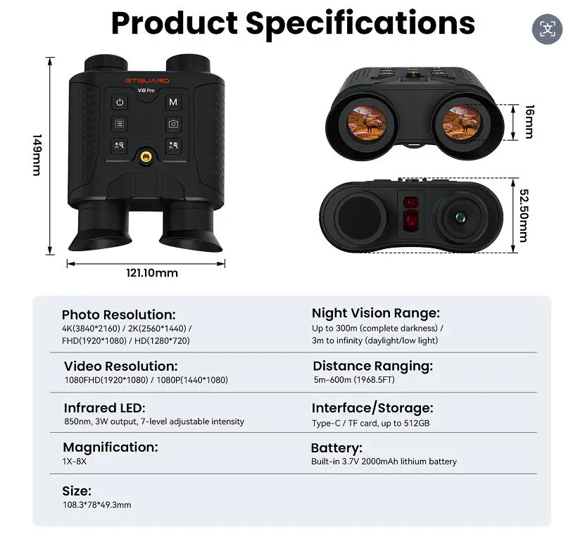 【】새로운 GTGUARD V6 Pro 나이트 비전 고글 4K 1080p HD 쌍안경 IR 나이트 비전 스코프 카메라 8X 디지털 줌 망원경
