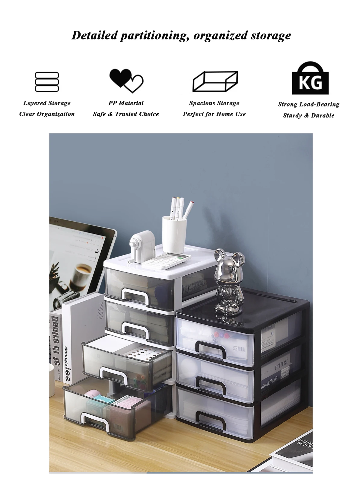 Clear Desktop Storage Box with Drawer - Stacked Example