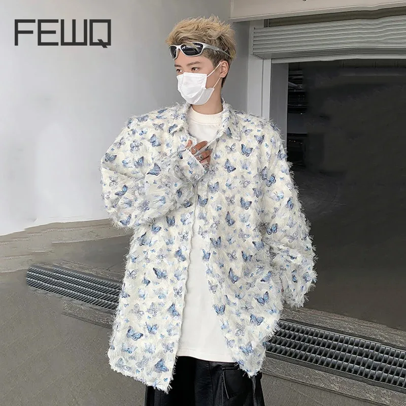 

Мужская ажурная рубашка с длинным рукавом FEWQ, прозрачная однобортная рубашка с бабочкой, топ для ночного клуба, 9C5674, на лето