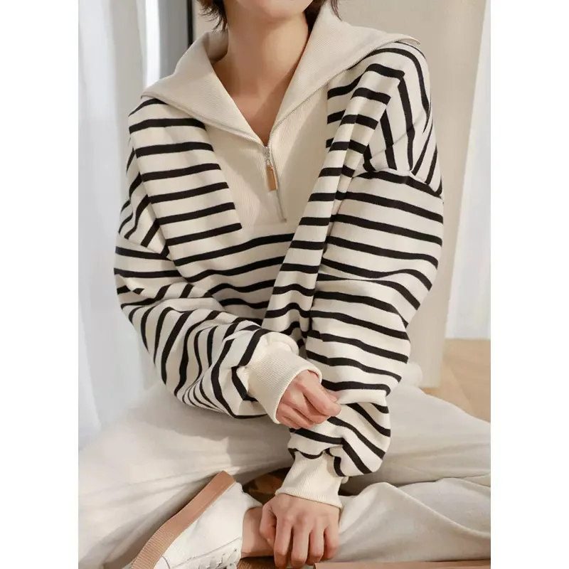

Sweatshirts Print Striped Sailor Collar Y2K Tops Zipper Women Spring Casual Pullovers Spliced Hoodies Autumn Winter Tops