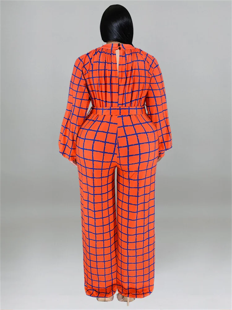 Wmstar Plus Size Jumpsuit Women with Belt Plaid One Piece Outfits Casual Wide Leg Bodysuit Office Lady Wholesale Dropshipping
