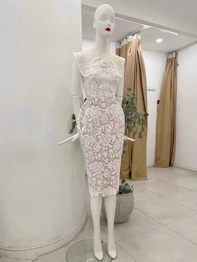 

DALMAZZO Luxury Runway Designer Fashion Summer Slim Long Dress Women Sleeveless Lace Embroidery Flower Elegant Party Vestidos