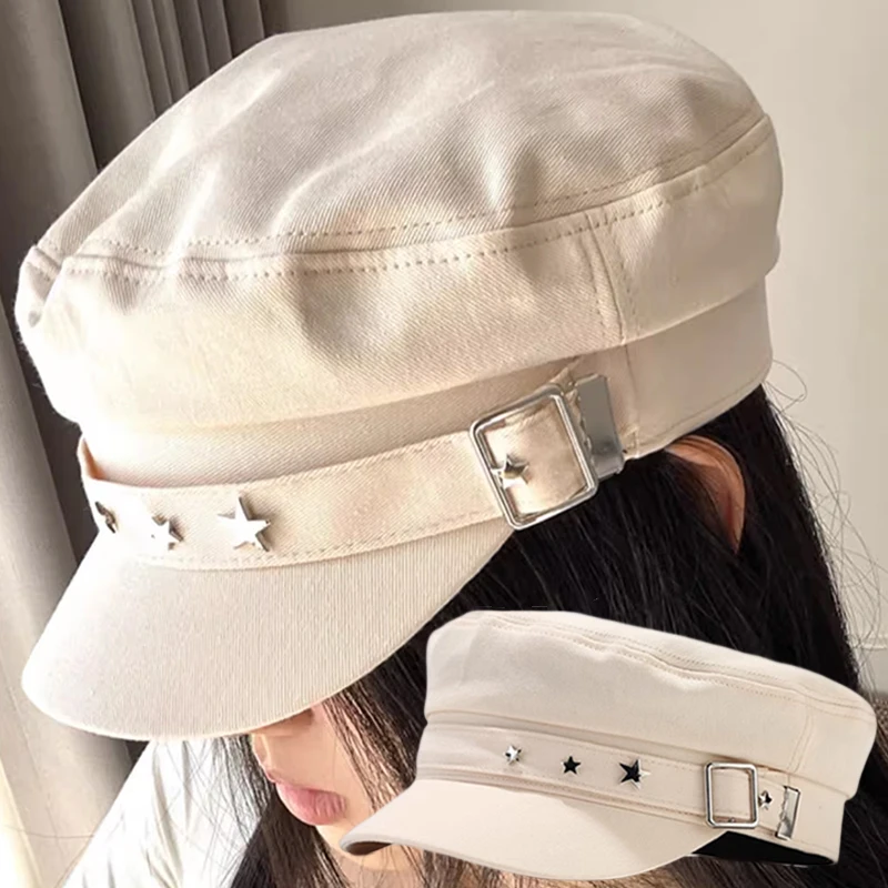 

Retro Star Metal Button Octagonal Flat Cap Summer Women Hat Spring Military Cotton Navy Hats for Women Beret Female Visor Caps