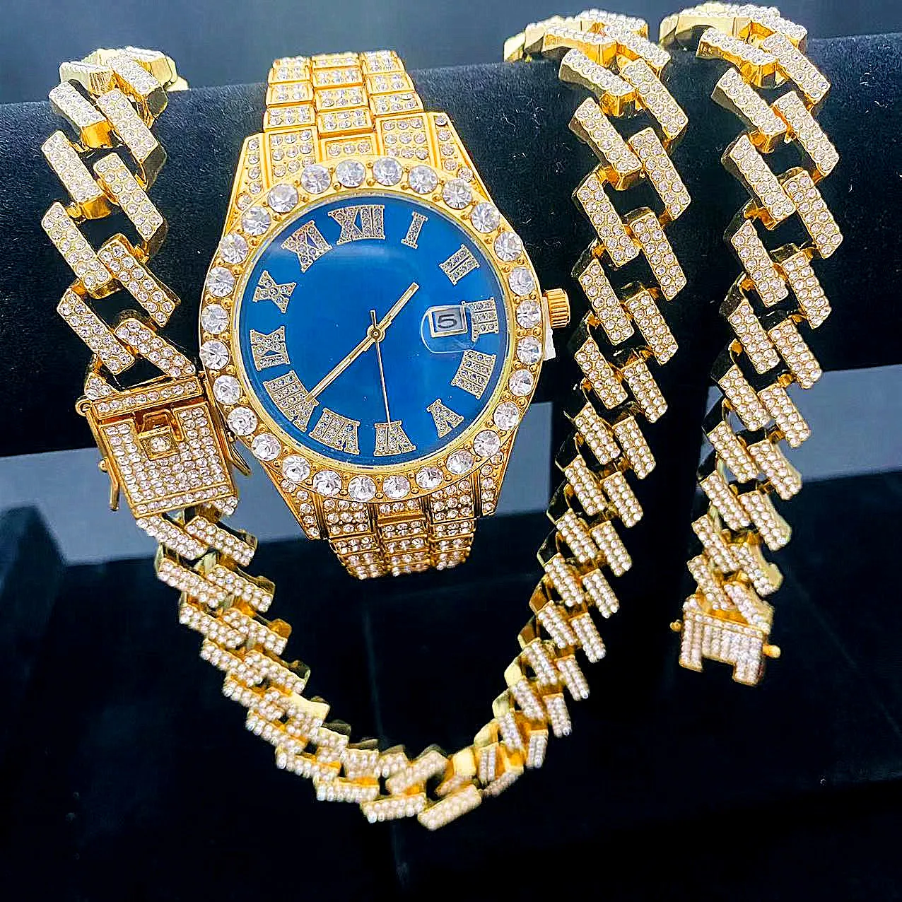 3PCS Iced Out Watches for Men Gold Watch Set 15mm Cuban Chain Bracelet Necklace Diamond Jewelry Set Watch Men Relogio De Pulso