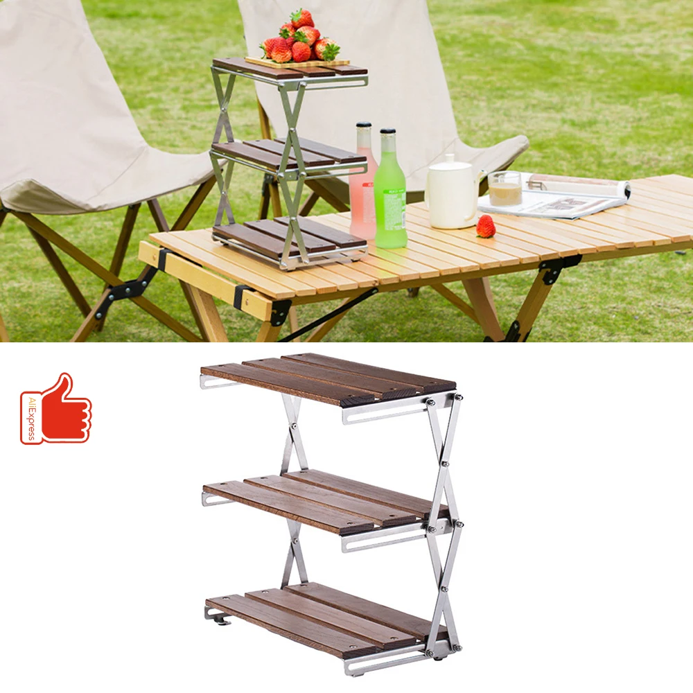 

Outdoor Camping Rack Portable Three-Tier Folding Racks Folding Wood Shelf Picnic BBQ Cookware Storage Rack Wide Platform Table