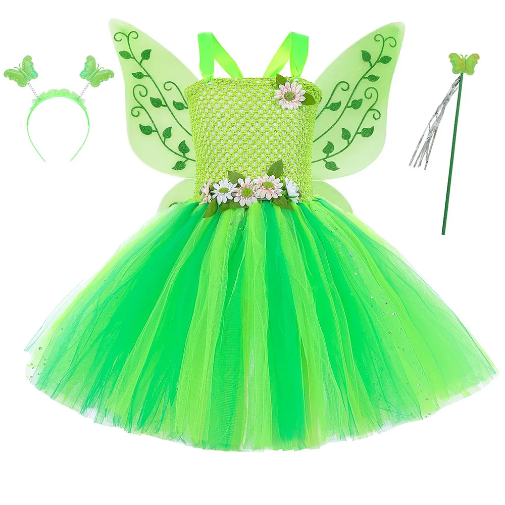 Disney Tinker Bell Princess Halloween Cosplay Girls Party Green Flower Fairy Tinkerbell Dress Elf Costume Glitter Butterfly Wing