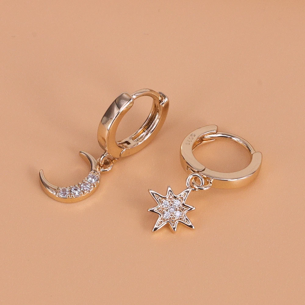 VENTFILLE 925 Sterling Silver CZ Star Moon Asymmetric Hoop Earrings for Women Girls Gold Silver Color Party Jewelry Gifts - Image 6