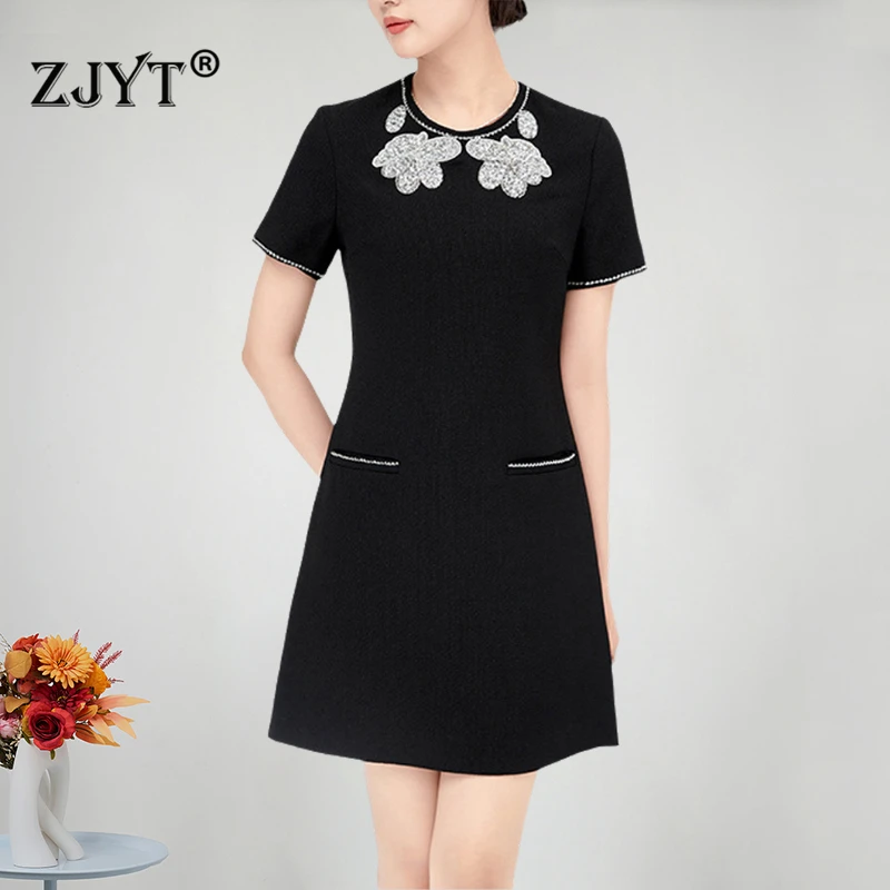 

ZJYT Runway Designer Summer Dresses for Women Elegant Beading Mini Party Dress Short Sleeve Vintage Casual Vestidos 2024 Fashion
