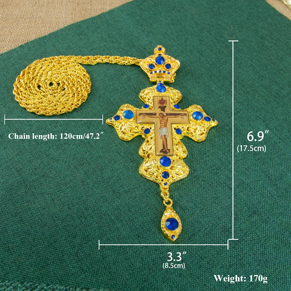 Greek Gold Plated Alloy Orthodox Pendant Russian Pectoral Cross with Jesus Icon Necklace for Priest Крест наперсный с цепью religious ritual accessories