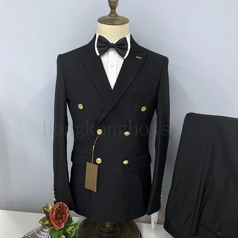 2 Pcs Suit Set Blazers Jacket Pants Fashion Men Casual Business Pure Color Double Breasted Groom Wedding Formal Dress Suit for mens suit