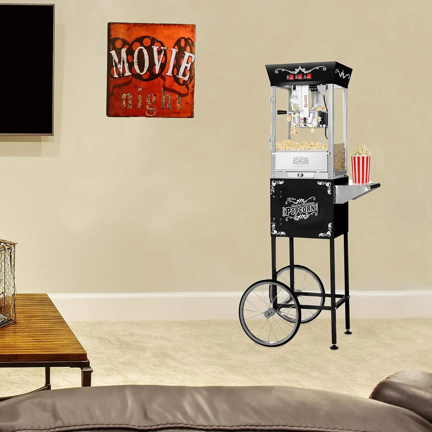 Popcorn Machine with Cart-8oz Popper with Stainless-Steel Kettle, Warming Light, and Accessories (Black)