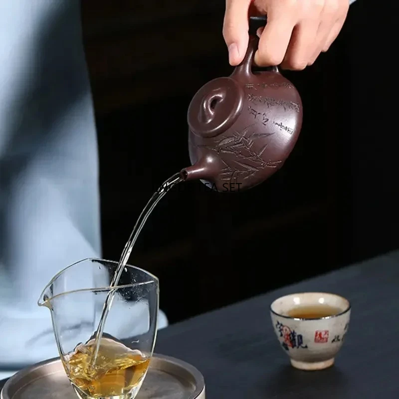 180ml Yixing Zisha Stone Spoon Handmade Bamboo Leaf Pattern Beauty Tea Pouring Pot Chinese Kung Fu Tea Set