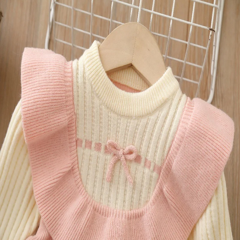 Girls Knit Sweater Dress with Bow Decoration for Kids