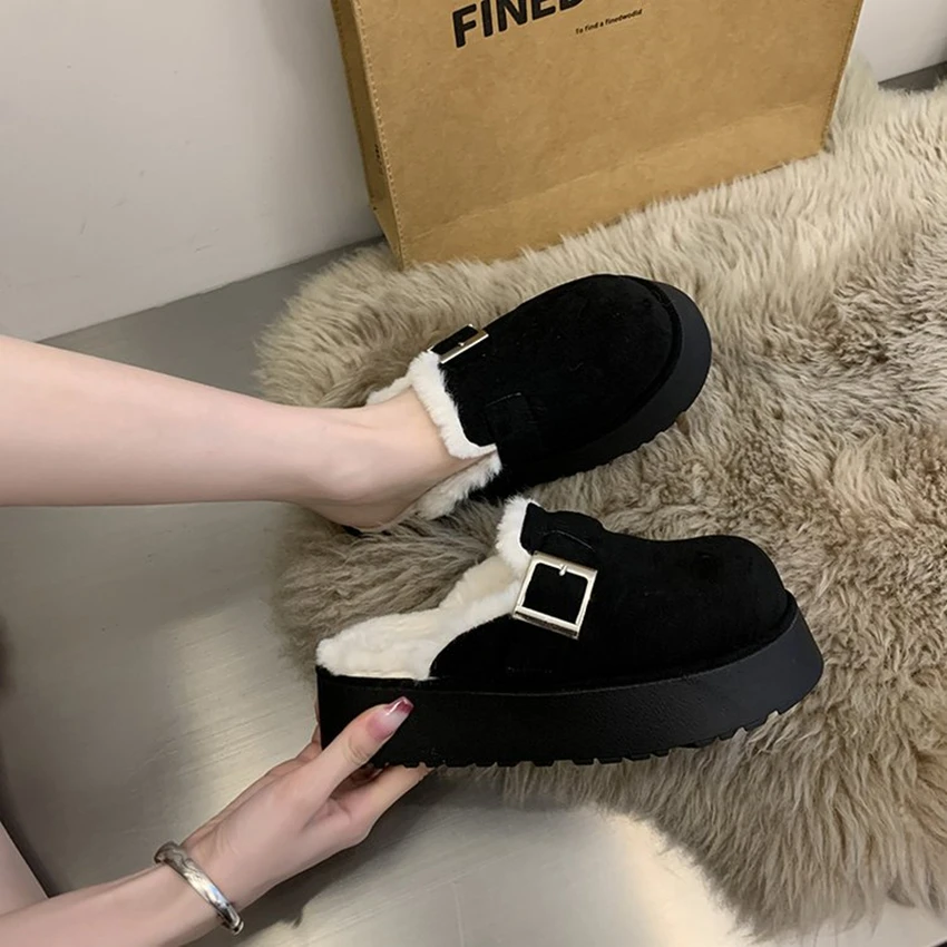 Flats Shoes Fur Women Platform Slippers Winter 2024 New Brand Warm Casual Flip Flops Short Plush English Style Fashion Casual 40