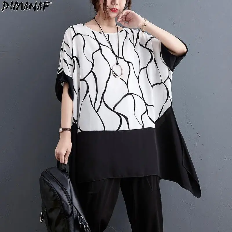 

DIMANAF Plus Size Women T-Shirt White Bat Striped Print Patchwork Chiffon O-Neck Tops Shirt Loose Summer 2024 New Tees