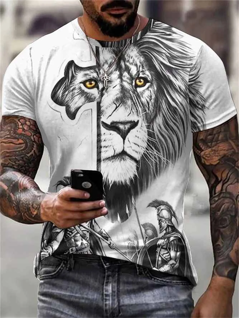 Summer T Shirt Animal Lion 3D Printed Short Sleeve Streetwear Oversized Tops Casual Outfits Fashion Black and White Men's Tee - Image 2