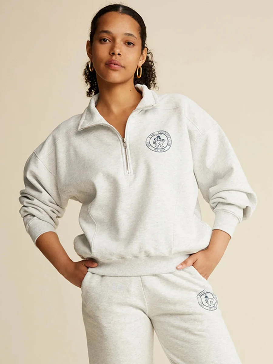 

Fashion Zipper Half High Neck Hoodies Women New American Letter Print Preppy Style Pullover Tops Vintage Casual Chic Sweatshirts