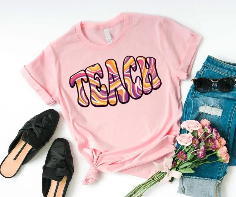 

Retro Teacher Tee, First Day Of School Kindergarten Elementary Teacher Hippie Vintage Gift For Teacher Hers 100% cotton Unisex