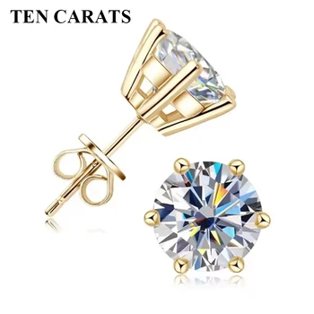 TEN CARATS Moissanite Stud Earrings for Women, 0.5-2CT D Color VVS1, S925 Sterling Silver, 18K Gold Plated, Luxury Jewelry Gift