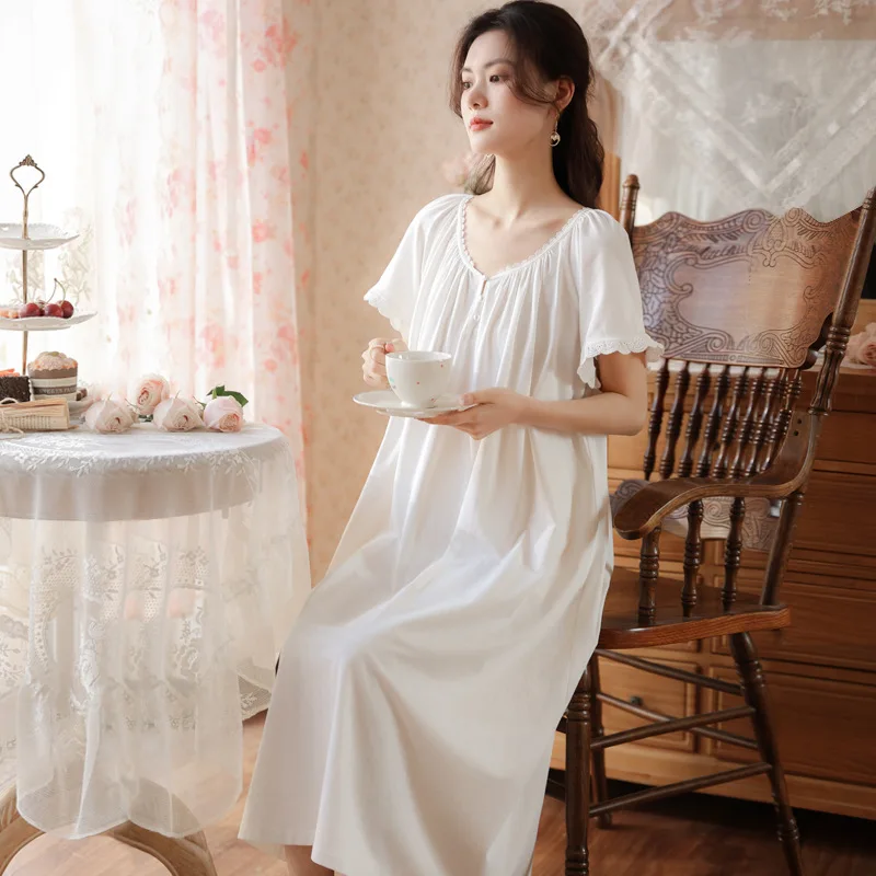 

Women's Summer Cotton Short Sleeve Sleep Dress New Loose Long Palace Princess French Vintage Thin Maternity Sleepwear