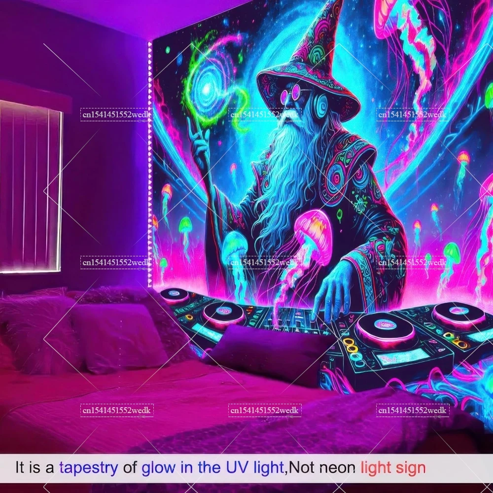 UV-reaktiver Musik-Zauberer, DJ, Schwarzlicht-Wandteppich, Neon-Qualle, fluoreszierender Wandteppich, Hintergrund, ästhetische, im Dunkeln leuchtende Poster – Detail 2