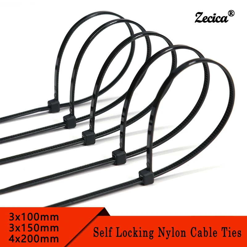 Black Nylon Cable Ties Self Locking 100/150/200mm Plastic Zip Wire Binding Wrap Straps DIY Cable Fasten Organiser