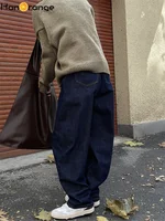 HanOrange Winter Vintage Arc High Waist Wide Leg Jeans Women Thickened Warm Loose Casual Trousers Female Dark Blue - Image 2