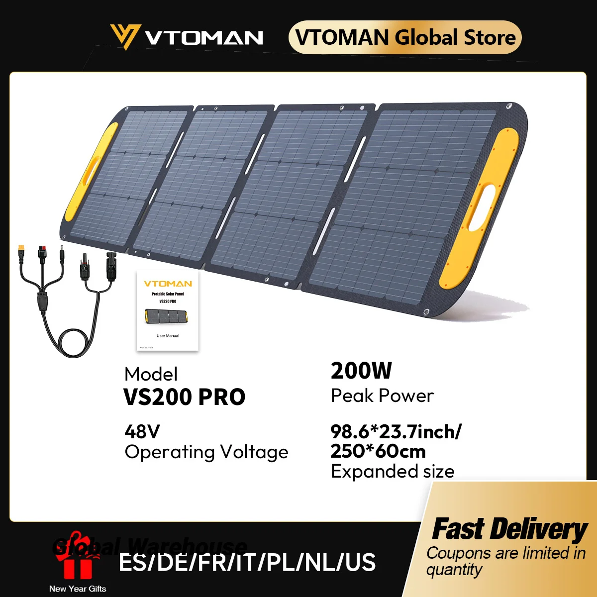 VTOMAN-Kit de Panneaux Solaires VS200 PRO, 200W, 48V, Cellule Solaire Portable Rechargeable pour l'Extérieur, Générateur pour la Maison