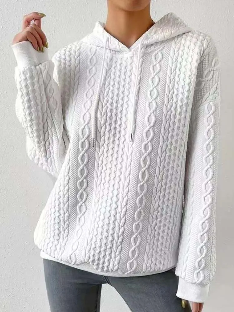 

White Hoodies Women Autumn Winter Hooded Sweatshirt Female Vintage Fashion Long Sleeve Knitted Top Ladies Casual Loose Hoodies