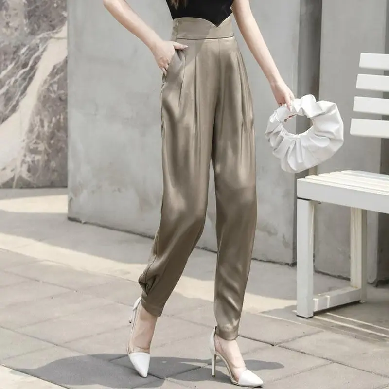 

Casual Haren Pants Folds Spring Autumn High Waist Zipper Women's Clothing Loose Commuter Solid Color Fashion Spliced Trousers