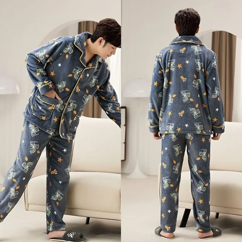 2024 New Pajama Men Long-sleeved Coral Fleece V-neck Autumn Winter Sleepwear Young Middle-aged Flannel Large Size Homewear Suit