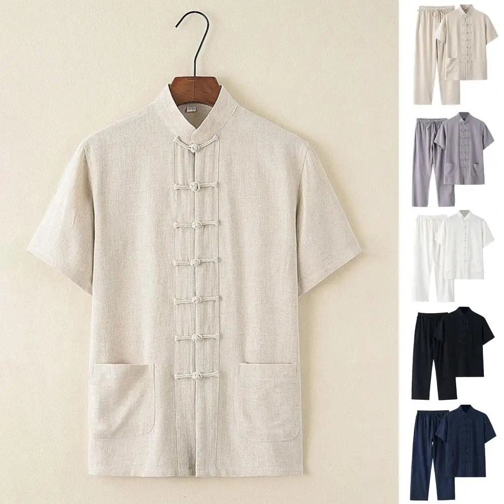 Retro Chinese Style Men Top Pants Suit Stand Collar Short Sleeve Top Pleated Drawstring Elastic Waist Wide Leg Trousers Set