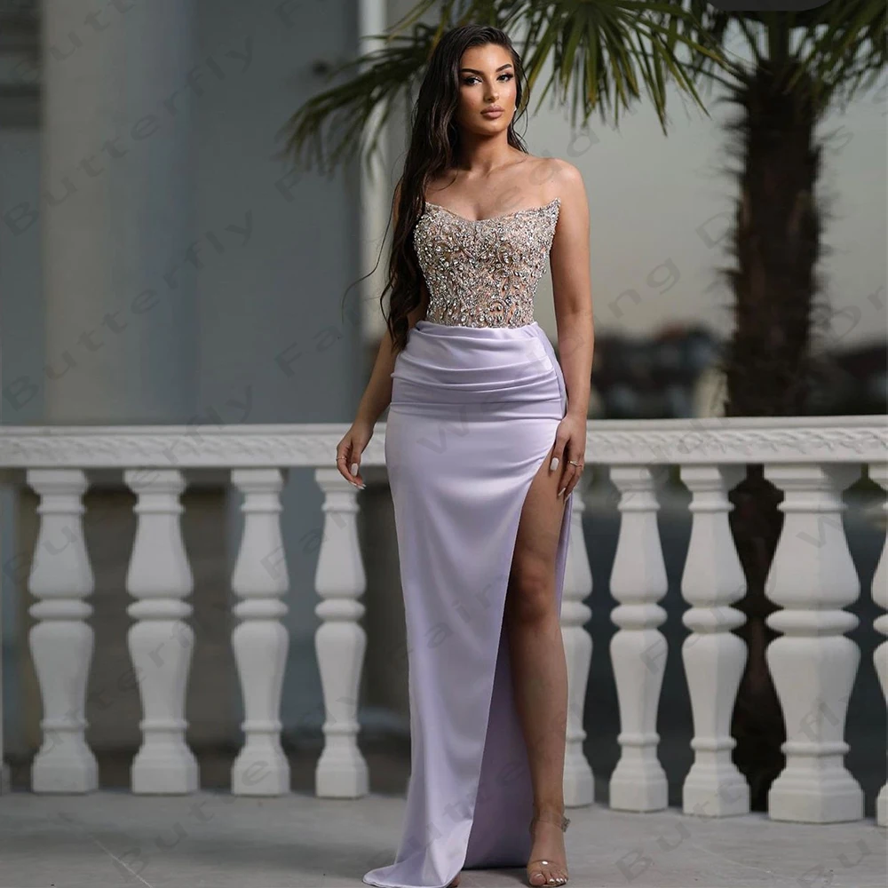 Formal Sexy Evening Dresses Gorgeous Satin Beautiful Sparkling Beading Mermaid Off The Shoulder Sleeveless High Slit Prom Gowns