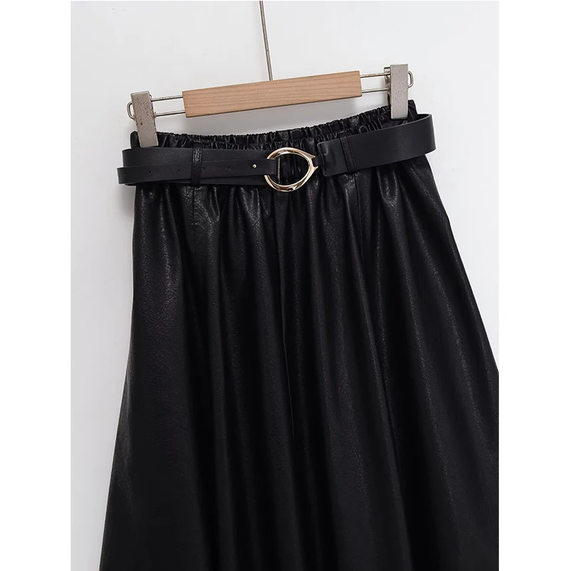 Chic Faux Leather Pleated Long Skirts For Women Fashion 2025 New With Belt Vintage Midi Skirt Street Casual Holiday Skirts ﻿
