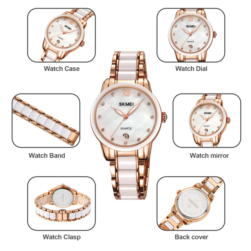 Skmei Womens Quartz Calendar Wristwatch Luxury Rhinestone Dial Zinc Alloy Band Analog Display Female Bracelet Waterproof Watches 6