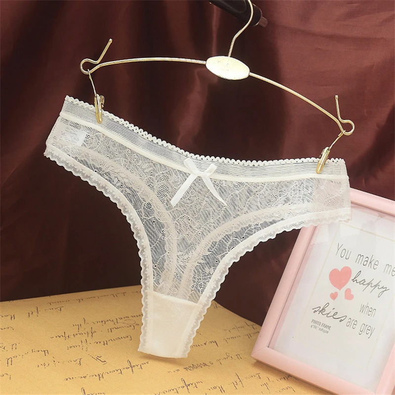 

Women Sexy Lace Jacquard Thong Women's Underwear Cotton Crotch Seamless Panties with Bow Transparent G String трусы женские
