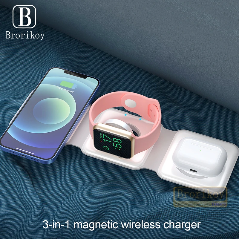 Caricabatterie Wireless 15W Stazione Di Ricarica Wireless Pieghevole Magnetica 3 In1 Compatibile Con Iphone Iphone 12 13 Iwatch Airpods 3 2 Pro