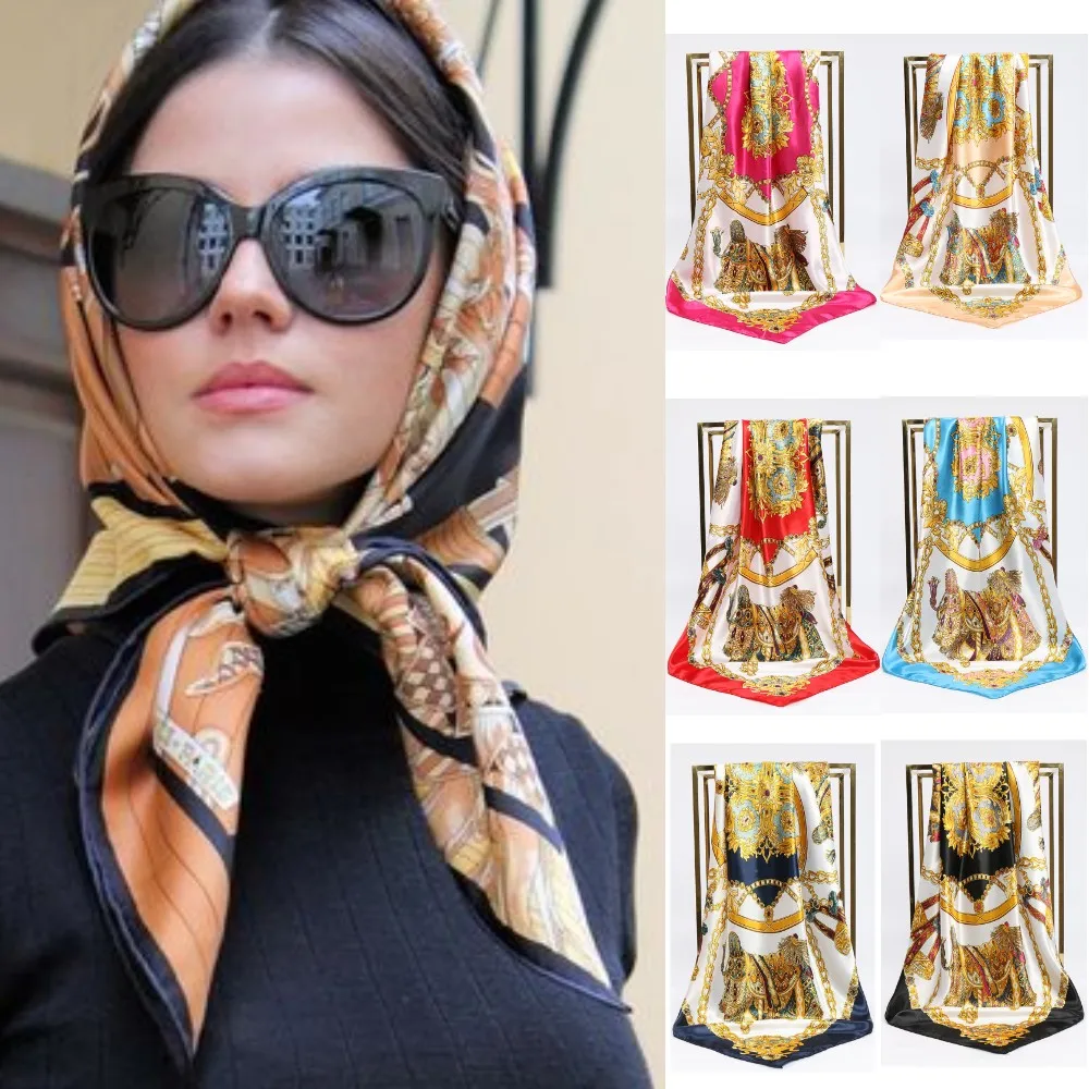 

90*90cm Print Vintage Silk Square Scarves Women Retro Hijab Luxury Hair Bands Neckerchief Headscarf Female Bandana Headband 2023