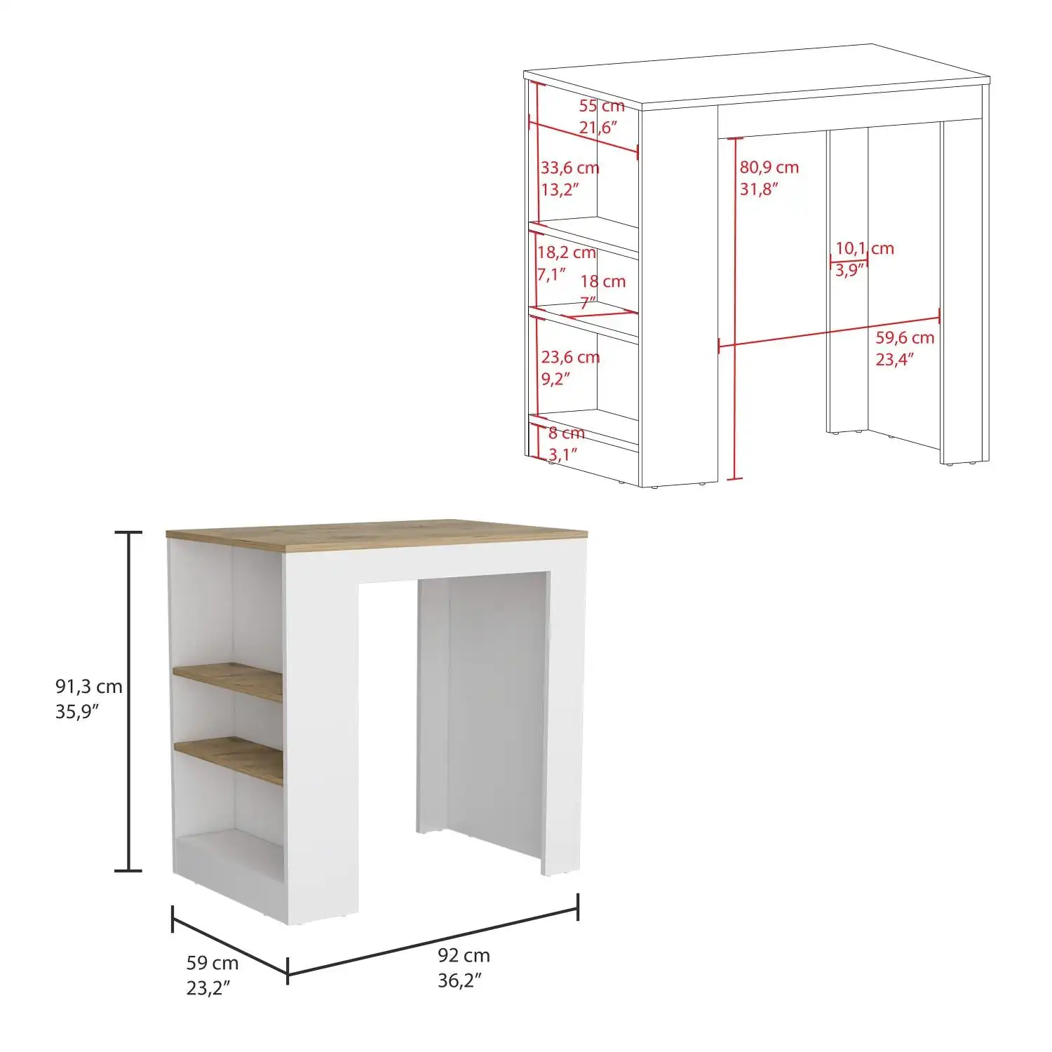 Portree Kitchen Island with 3-Side Shelves White / Macadamia 2