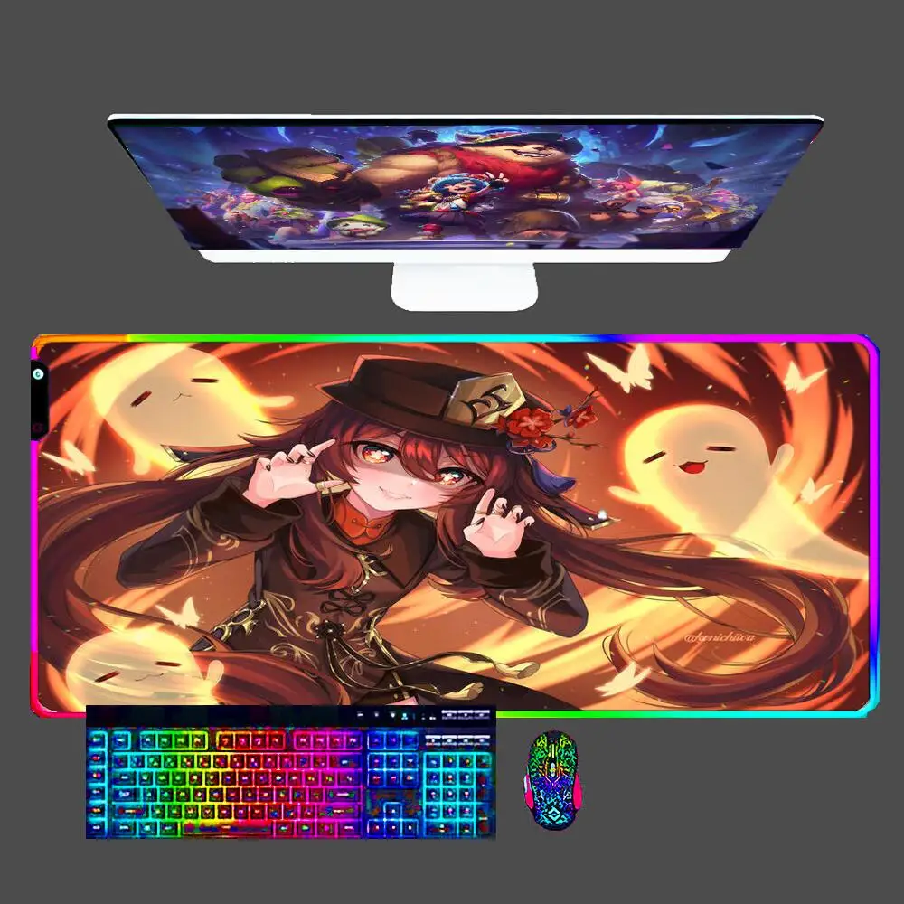 

Genshin Impact Hu Tao RGB Mouse Pad Gaming Accessories PC Gamer Computer LED Desk Mat Laptop Varmilo Keyboard Mousepad 90x40 xxl