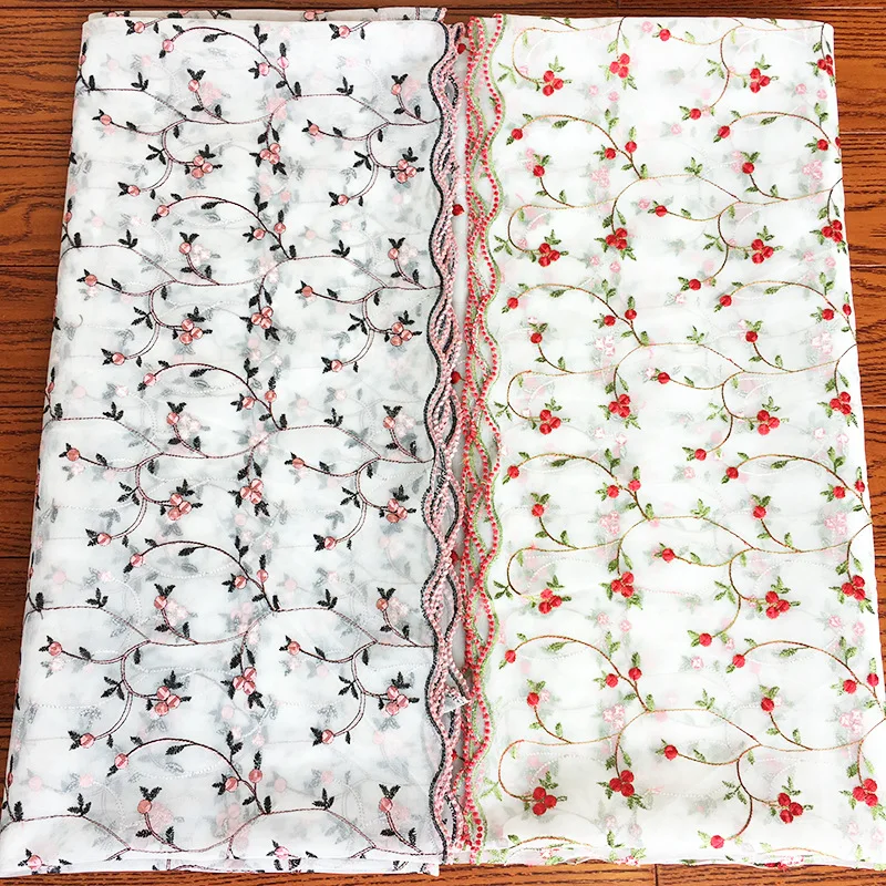 

White Background Gauze Embroidery Fabric Fresh Flower Summer Children's Gauze Skirt Floral Embroidery