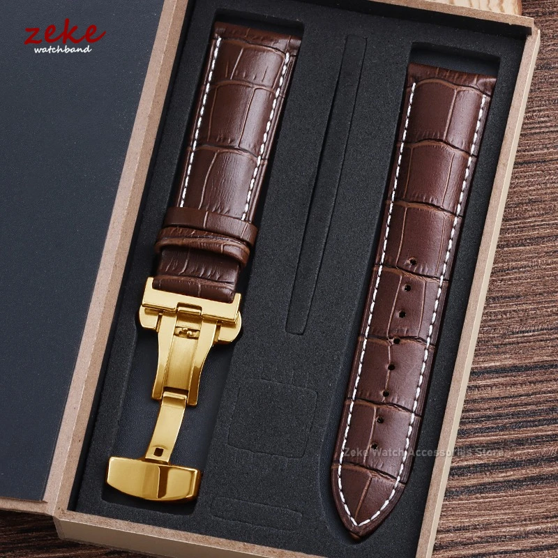 Elegant Genuine Leather Watch Band with Butterfly Clasp and Gift Box