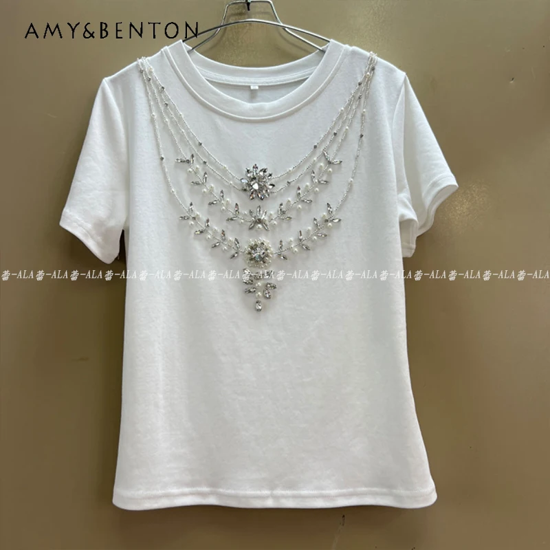 

2024 Fashion New Unique Design Diamond Round Neck Short Sleeved Pullovers Summer Casual Versatile Pullover Top Ins Style T-shirt