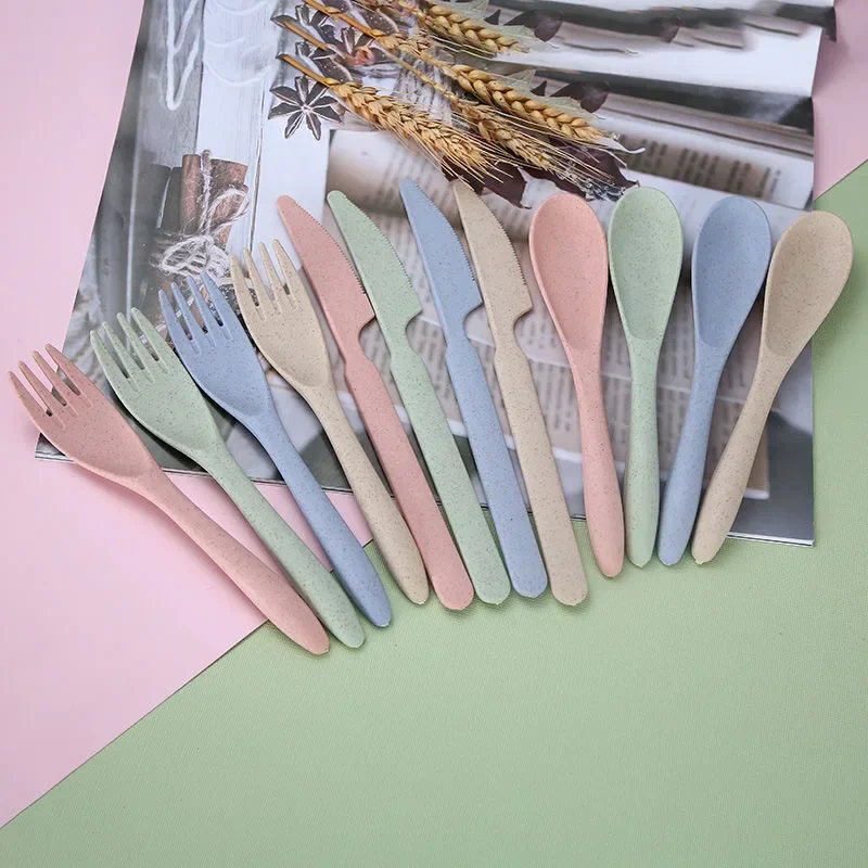Cutlery Set Western Style Cutlery Set Picnic Cutlery Set Picnic Tableware Camping Cutlery Set Colorful Wheat Straw Knife Fork Spoon Set with Storage Box Outdoor Camping Portable Plastic Tableware Student Lunch Cutlery Set