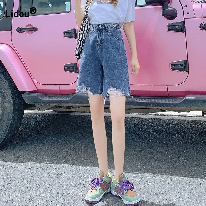 Fashion Korean High Waist Hole Denim Pants Female Loose Fashionable Pockets Spliced Straight Knee Pants Summer Women's Clothing